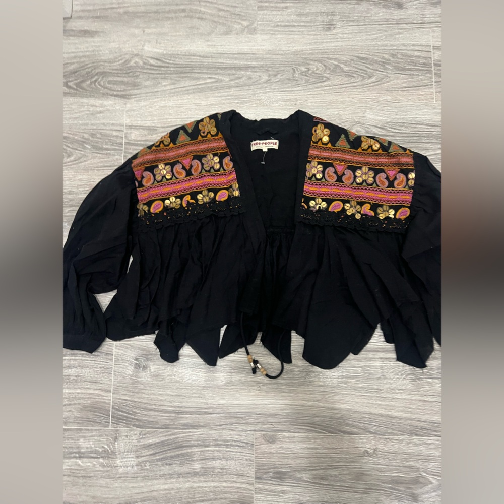 New Free People Bohemian Black and Multicolor Embroidered Oversized Jacket Sz L - Picture 2 of 6